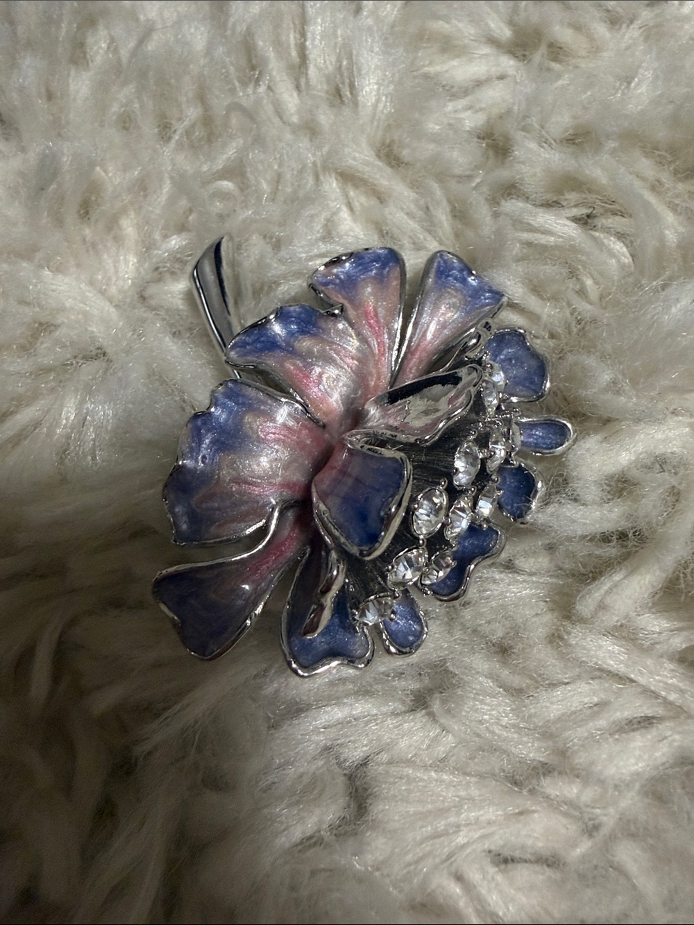 Nolan Miller Pink and Blue Enamel Floral Brooch with Rhinestones